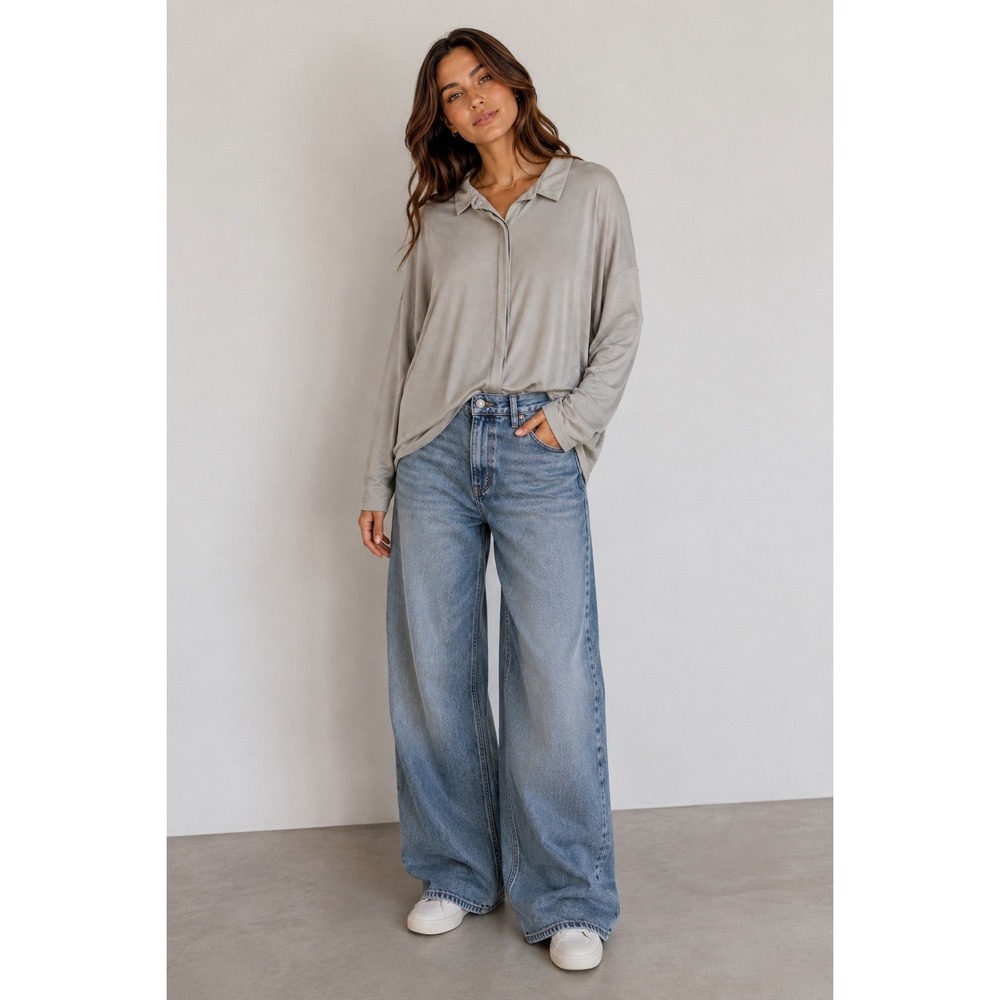 Eileen Fisher Womens Silver Viscose Jersey Classic Collar Top R8VFF-T4269M XL
